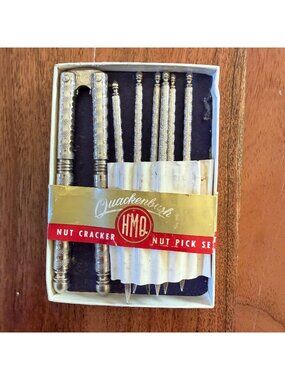 Vintage HMQ H.M. Quackenbush Nutcracker & 6 Nut Pick Set Original Box USA MCM